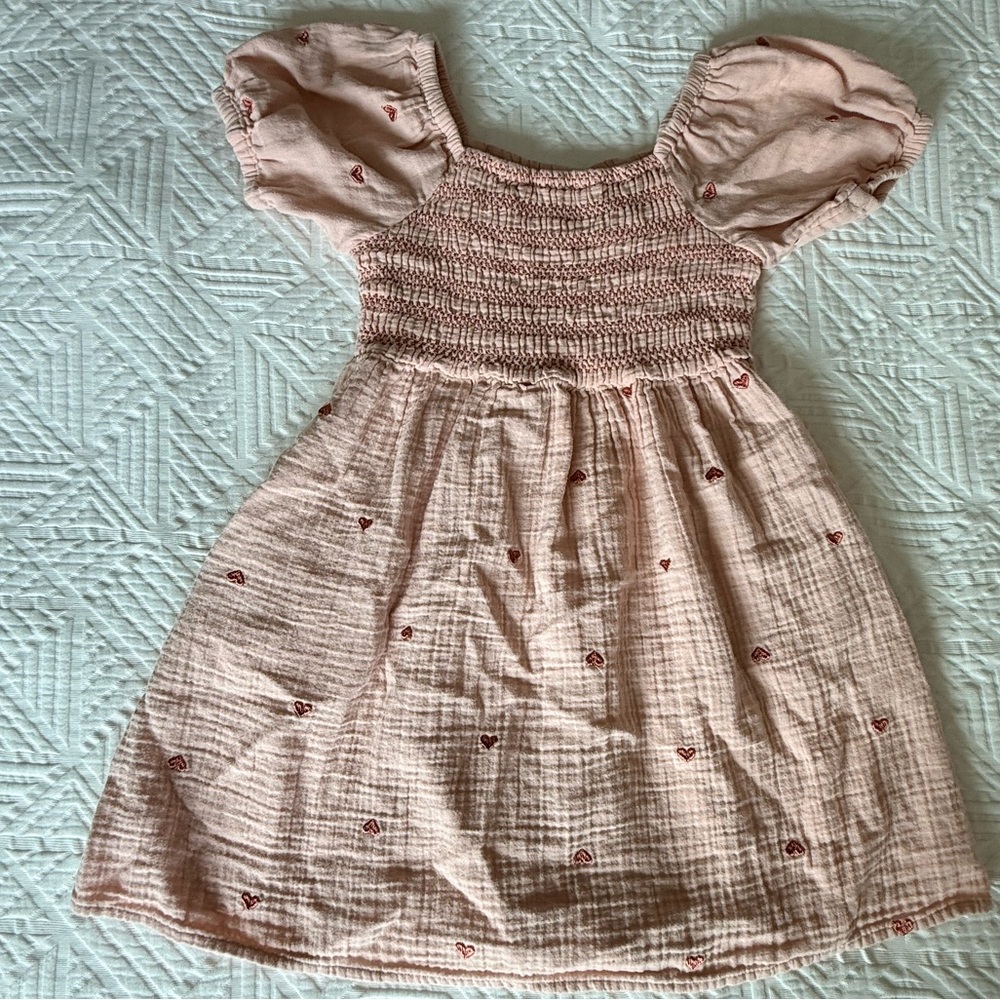 Cat & Jack Pink Puff-Sleeve Smocked Dress with Red Heart Detail